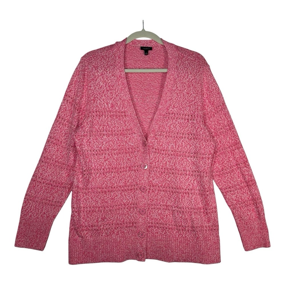 Talbots Cardigan Sweater L Large Pink White Cotton Pointelle Open Stitch Classic